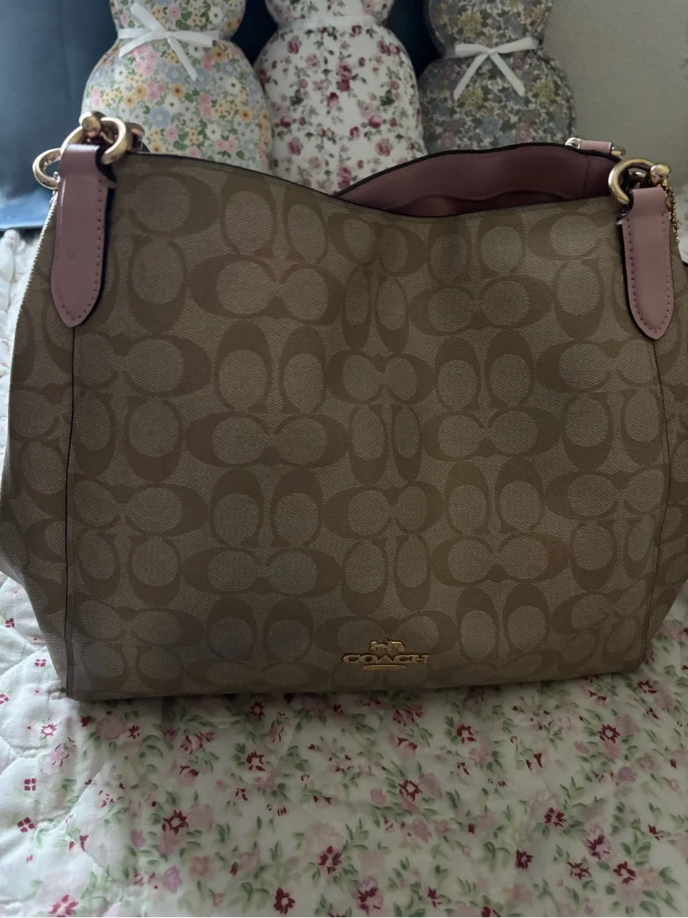 Coach Khaki Signature Hobo with Pink Trim